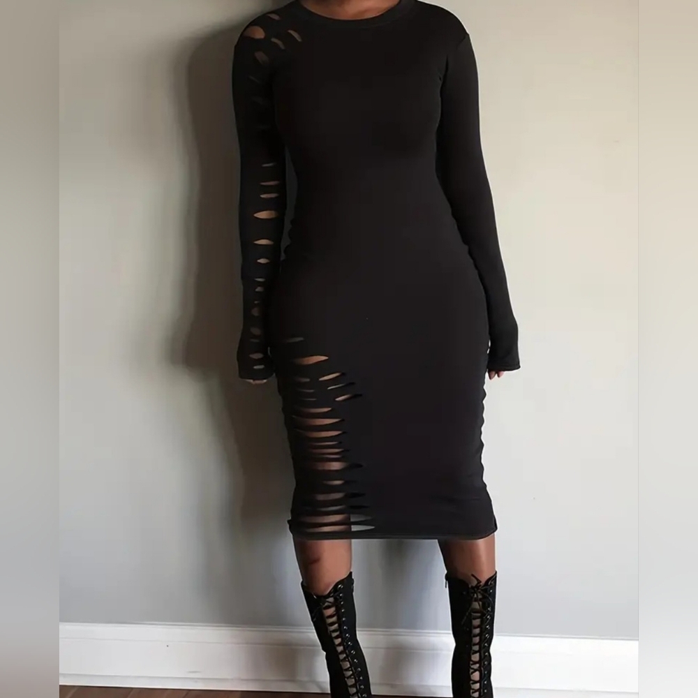 Sleek Black Distressed Sexy Bodycon Dress
